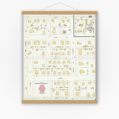 Old map wall art mockup — magnetic wood frame on white wall — Sanborn Fire Insurance Map from Temple, Bell County, Texas (1905), Sheet #0010