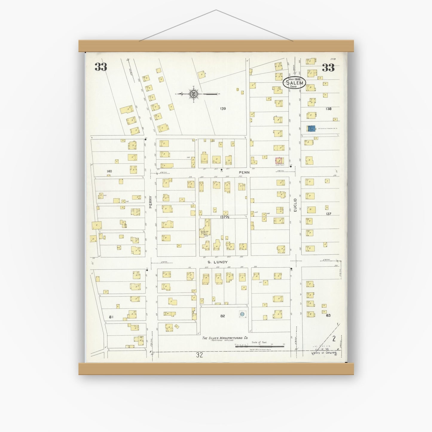 Old map wall art mockup — magnetic wood frame on white wall — Sanborn Fire Insurance Map from Salem, Columbiana County, Ohio (1926), Sheet #0033