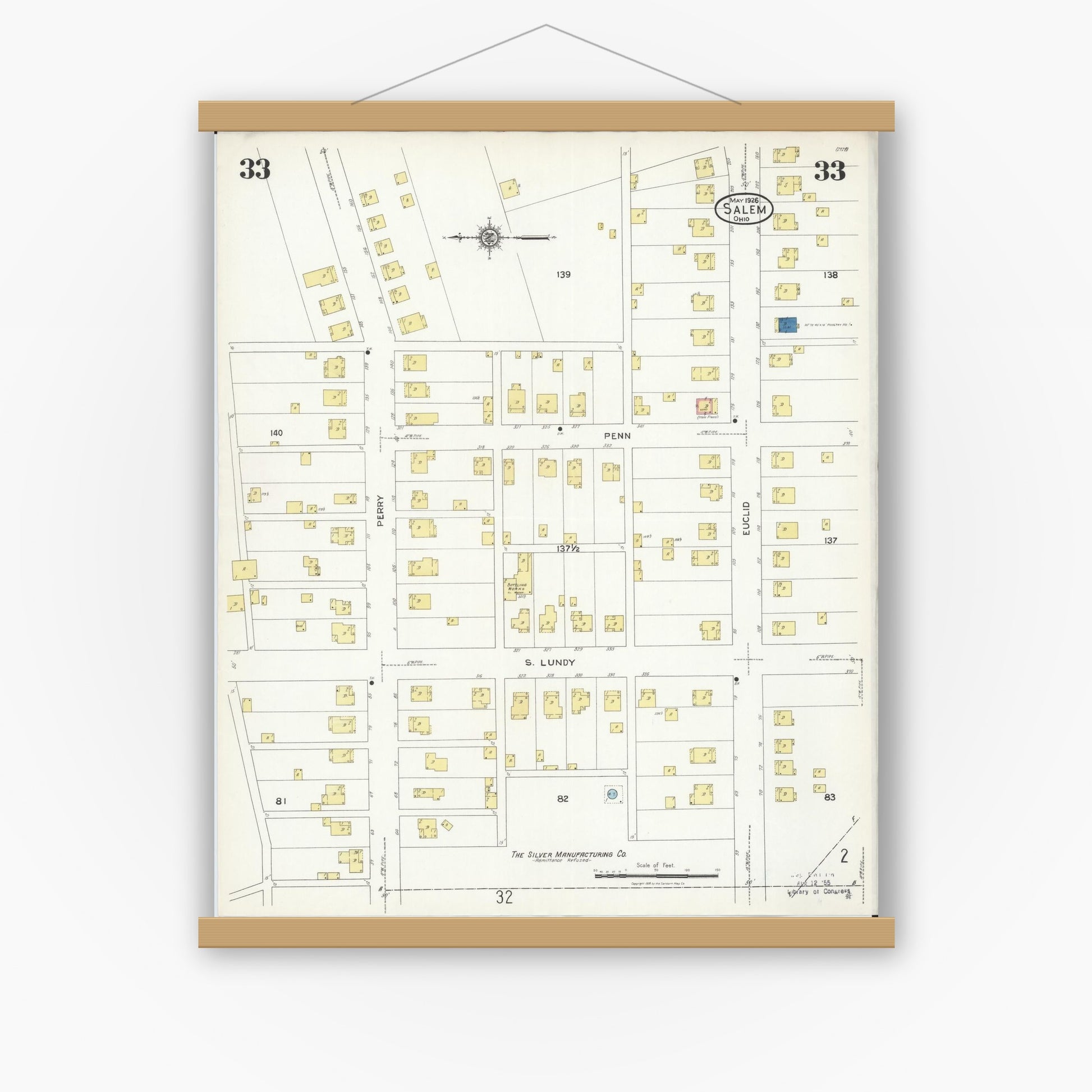 Old map wall art mockup — magnetic wood frame on white wall — Sanborn Fire Insurance Map from Salem, Columbiana County, Ohio (1926), Sheet #0033