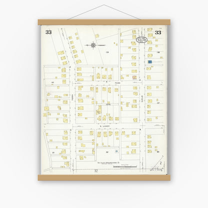Old map wall art mockup — magnetic wood frame on white wall — Sanborn Fire Insurance Map from Salem, Columbiana County, Ohio (1926), Sheet #0033
