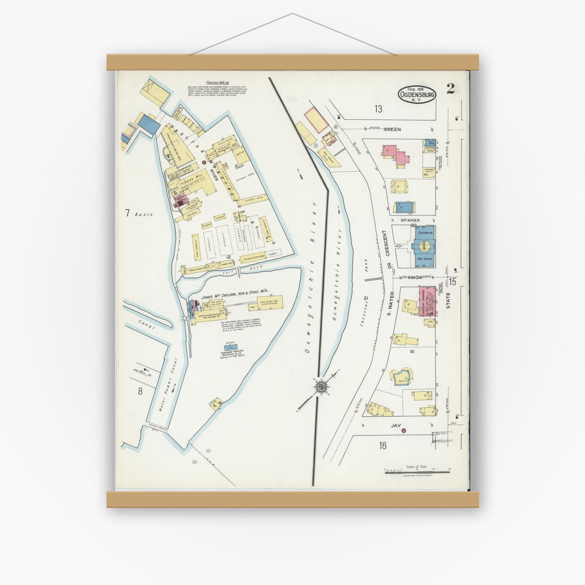 Old map wall art mockup — magnetic wood frame on white wall — Sanborn Fire Insurance Map from Ogdensburg, St. Lawrence County, New York (1918) - Complete Map Set