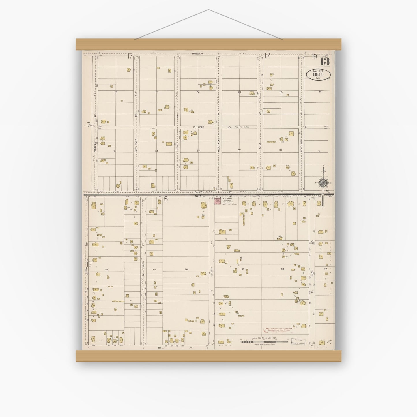 Old map wall art mockup — magnetic wood frame on white wall — Sanborn Fire Insurance Map from Bell, Los Angeles County, California (1922), Sheet #0013
