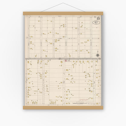 Old map wall art mockup — magnetic wood frame on white wall — Sanborn Fire Insurance Map from Bell, Los Angeles County, California (1922), Sheet #0013