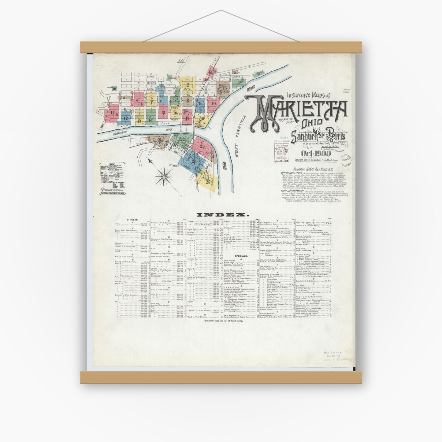 Old map wall art mockup — magnetic wood frame on white wall — Sanborn Fire Insurance Map from Marietta, Washington County, Ohio (1900) - Complete Map Set
