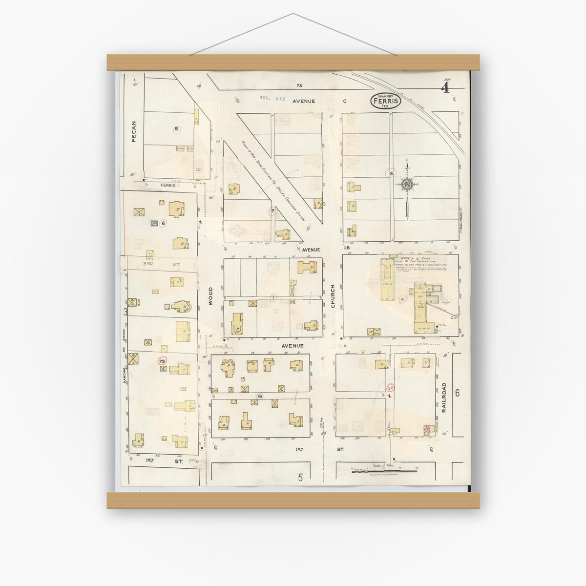 Old map wall art mockup — magnetic wood frame on white wall — Sanborn Fire Insurance Map from Ferris, Ellis County, Texas (1941), Sheet #0004