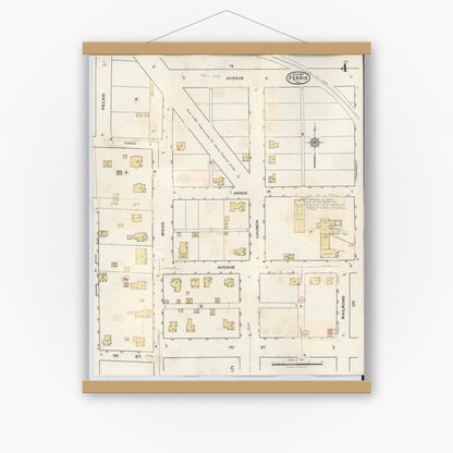 Old map wall art mockup — magnetic wood frame on white wall — Sanborn Fire Insurance Map from Ferris, Ellis County, Texas (1941), Sheet #0004