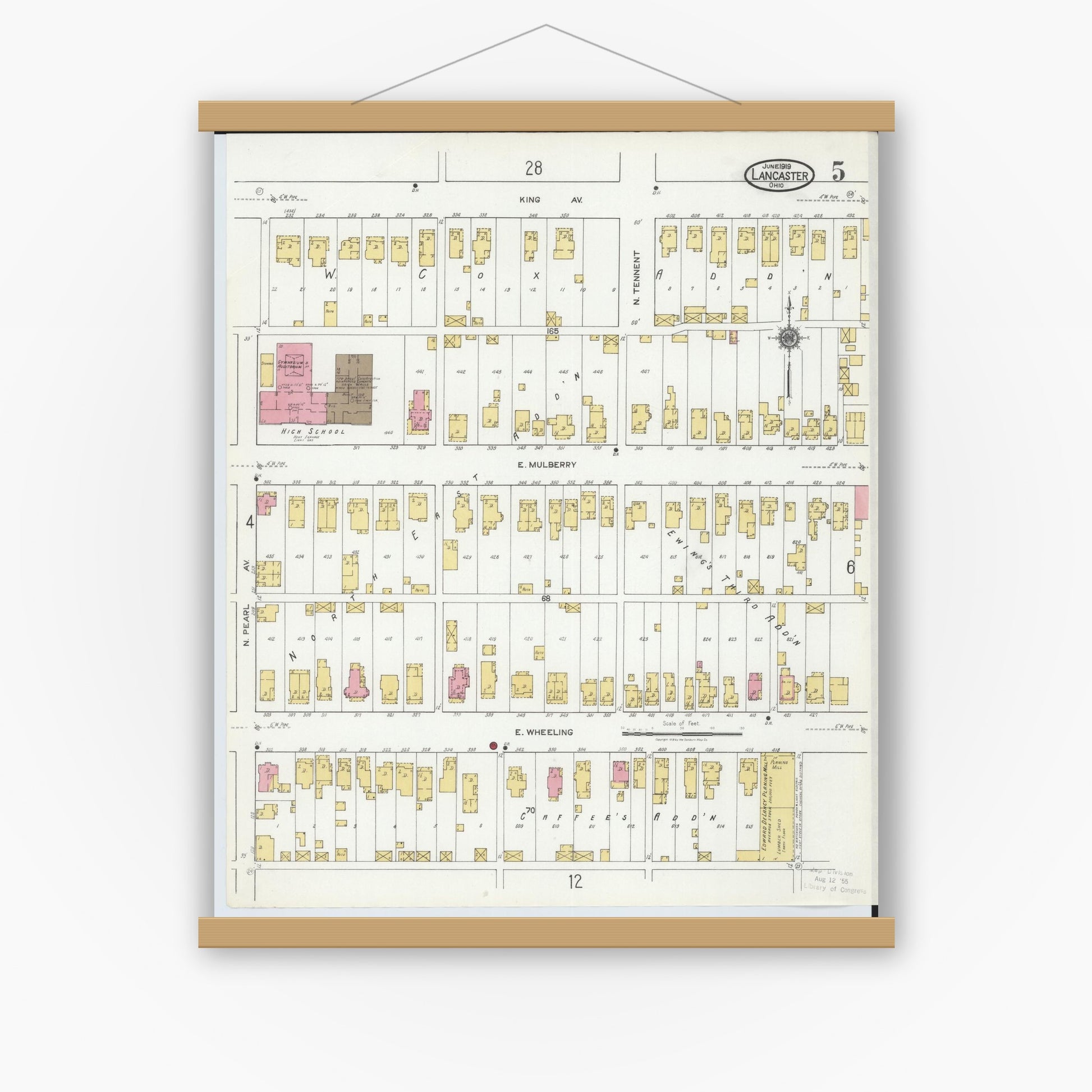 Old map wall art mockup — magnetic wood frame on white wall — Sanborn Fire Insurance Map from Lancaster, Fairfield County, Ohio (1919), Sheet #0005