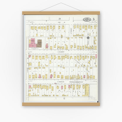 Old map wall art mockup — magnetic wood frame on white wall — Sanborn Fire Insurance Map from Lancaster, Fairfield County, Ohio (1919), Sheet #0005