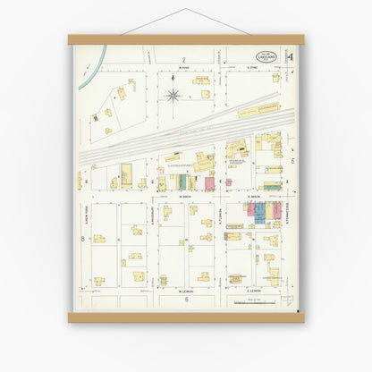 Old map wall art mockup — magnetic wood frame on white wall — Sanborn Fire Insurance Map from Lakeland, Polk County, Florida (1908), Sheet #0004