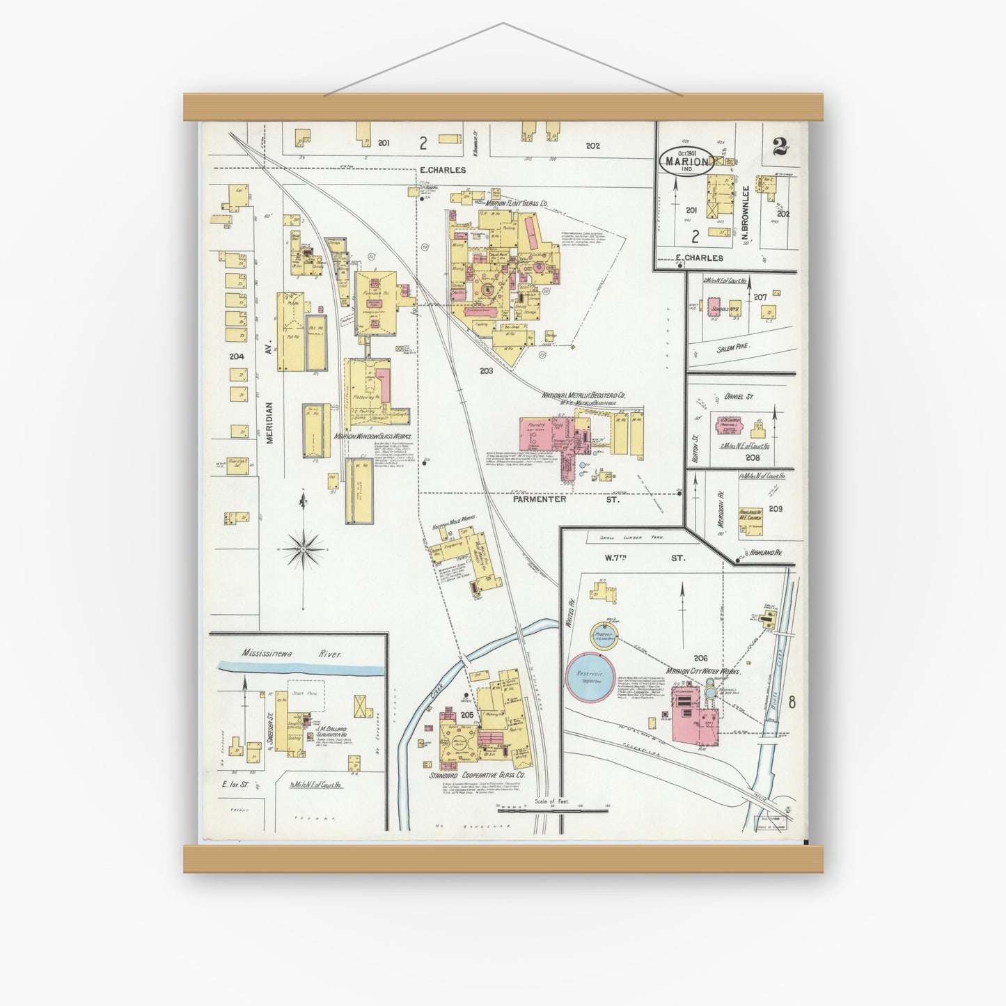 Old map wall art mockup — magnetic wood frame on white wall — Sanborn Fire Insurance Map from Marion, Grant County, Indiana (1901), Sheet #0002