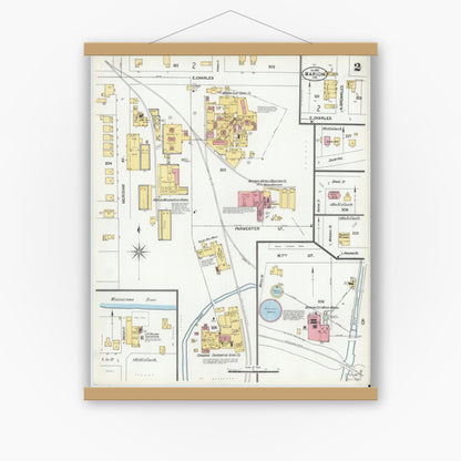 Old map wall art mockup — magnetic wood frame on white wall — Sanborn Fire Insurance Map from Marion, Grant County, Indiana (1901), Sheet #0002