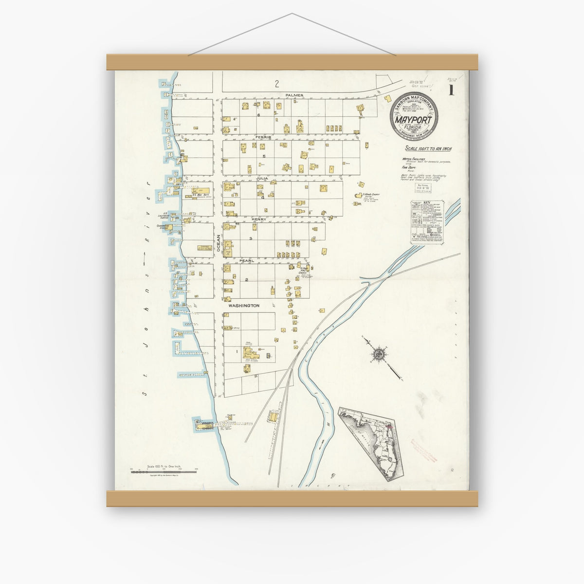 Old map wall art mockup — magnetic wood frame on white wall — Sanborn Fire Insurance Map from Mayport, Duval County, Florida (1921) - Complete Map Set