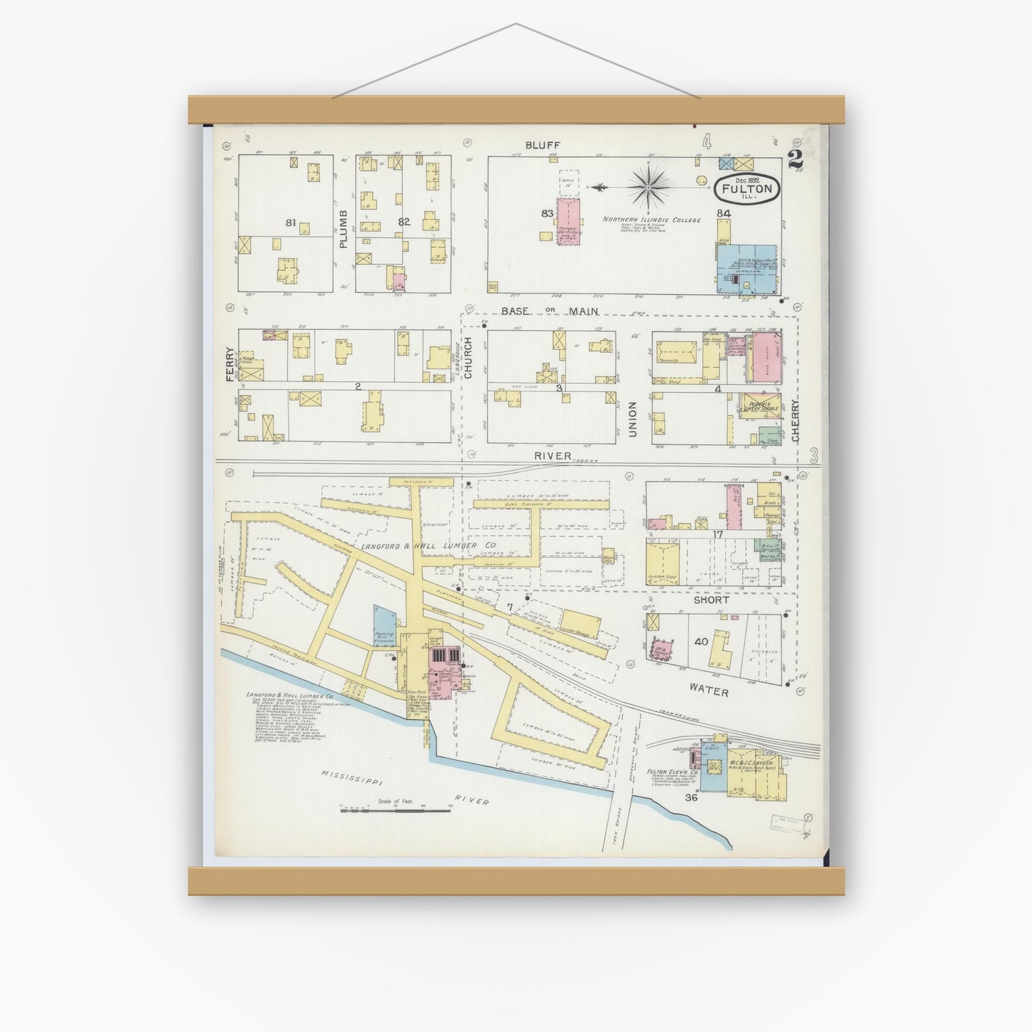Old map wall art mockup — magnetic wood frame on white wall — Sanborn Fire Insurance Map from Fulton, Whiteside County, Illinois (1892), Sheet #0002