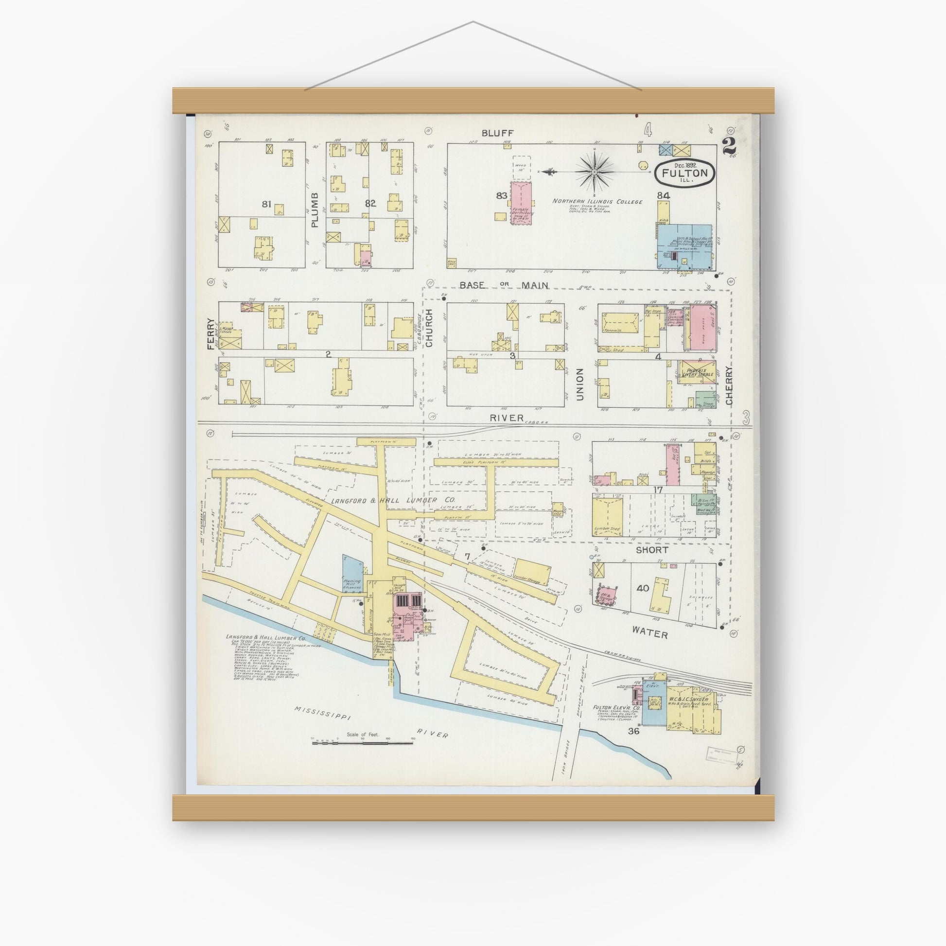 Old map wall art mockup — magnetic wood frame on white wall — Sanborn Fire Insurance Map from Fulton, Whiteside County, Illinois (1892), Sheet #0002