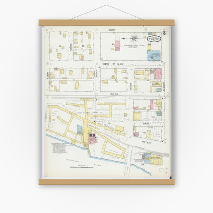 Old map wall art mockup — magnetic wood frame on white wall — Sanborn Fire Insurance Map from Fulton, Whiteside County, Illinois (1892), Sheet #0002