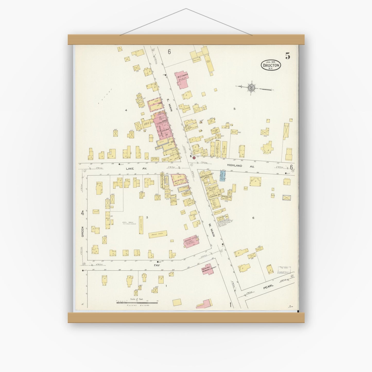 Old map wall art mockup — magnetic wood frame on white wall — Sanborn Fire Insurance Map from Brocton, Chautauqua County, New York (1913), Sheet #0005