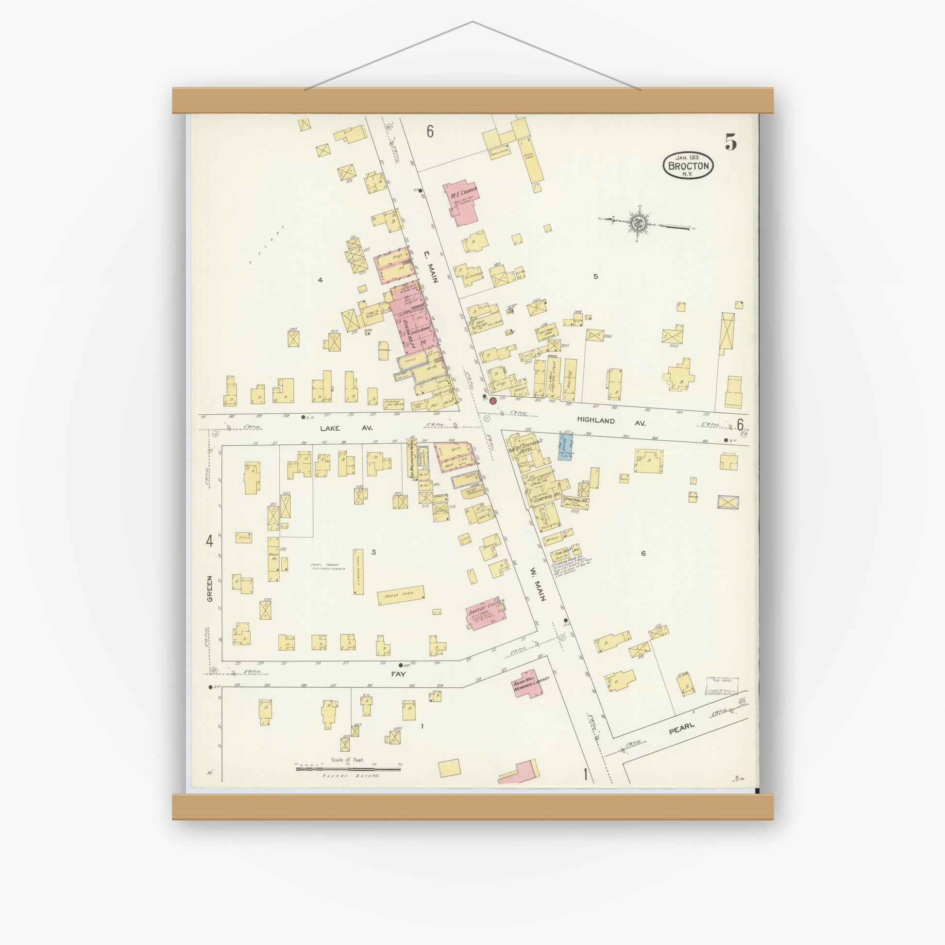 Old map wall art mockup — magnetic wood frame on white wall — Sanborn Fire Insurance Map from Brocton, Chautauqua County, New York (1913), Sheet #0005