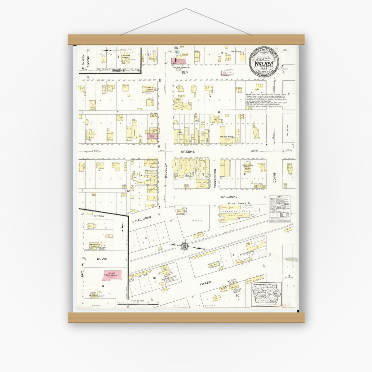Old map wall art mockup — magnetic wood frame on white wall — Sanborn Fire Insurance Map from Walker, Linn County, Iowa (1913), Sheet #0001