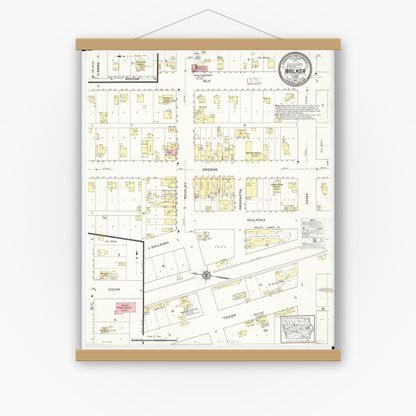 Old map wall art mockup — magnetic wood frame on white wall — Sanborn Fire Insurance Map from Walker, Linn County, Iowa (1913), Sheet #0001
