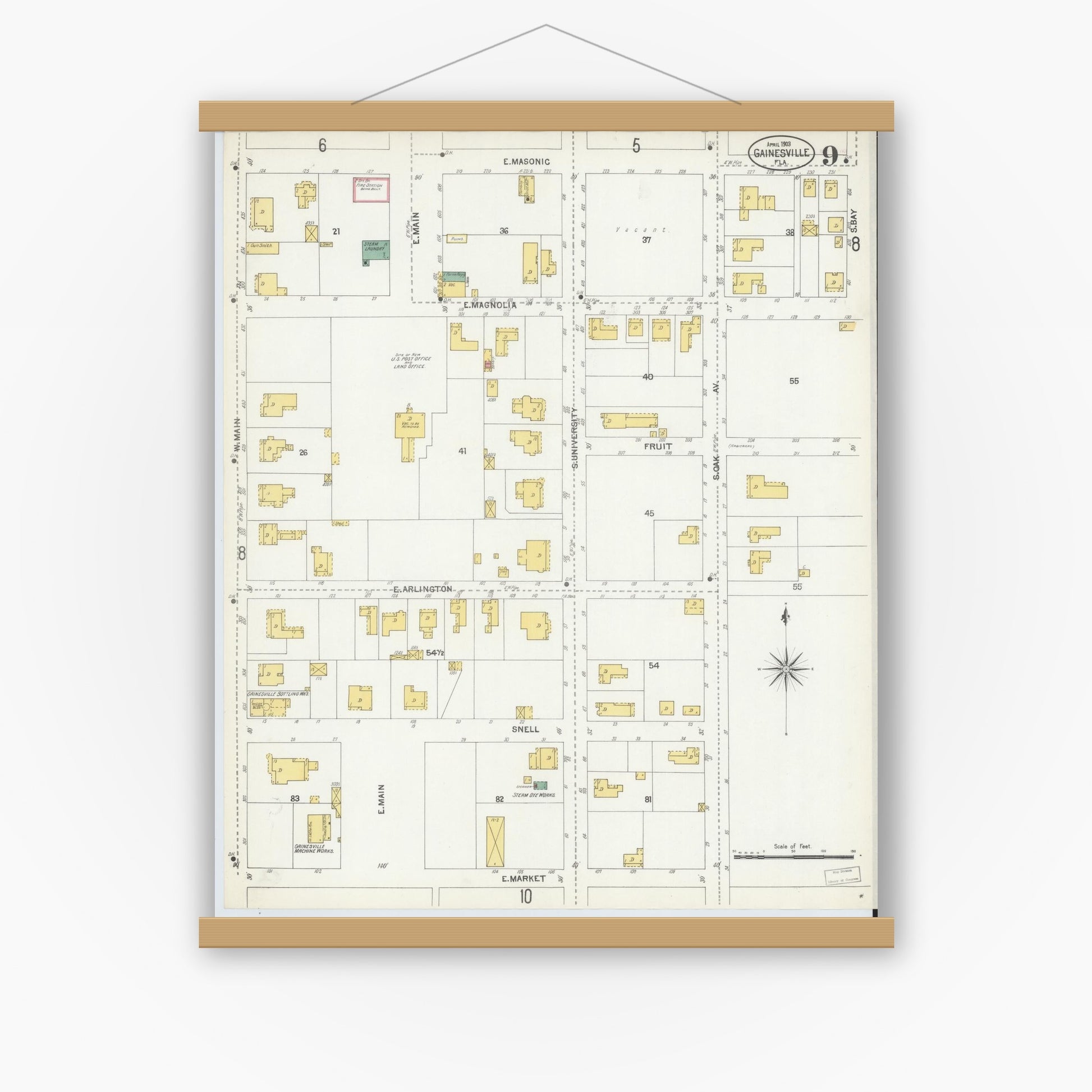 Old map wall art mockup — magnetic wood frame on white wall — Sanborn Fire Insurance Map from Gainesville, Alachua County, Florida (1903), Sheet #0009
