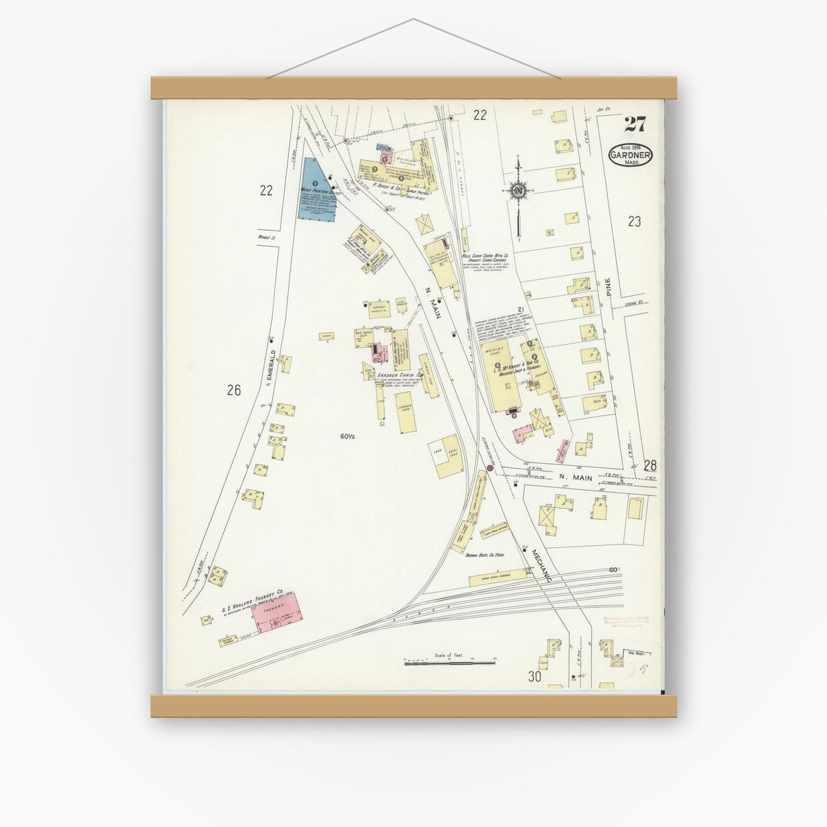 Old map wall art mockup — magnetic wood frame on white wall — Sanborn Fire Insurance Map from Gardner, Worcester County, Massachusetts (1914), Sheet #0027