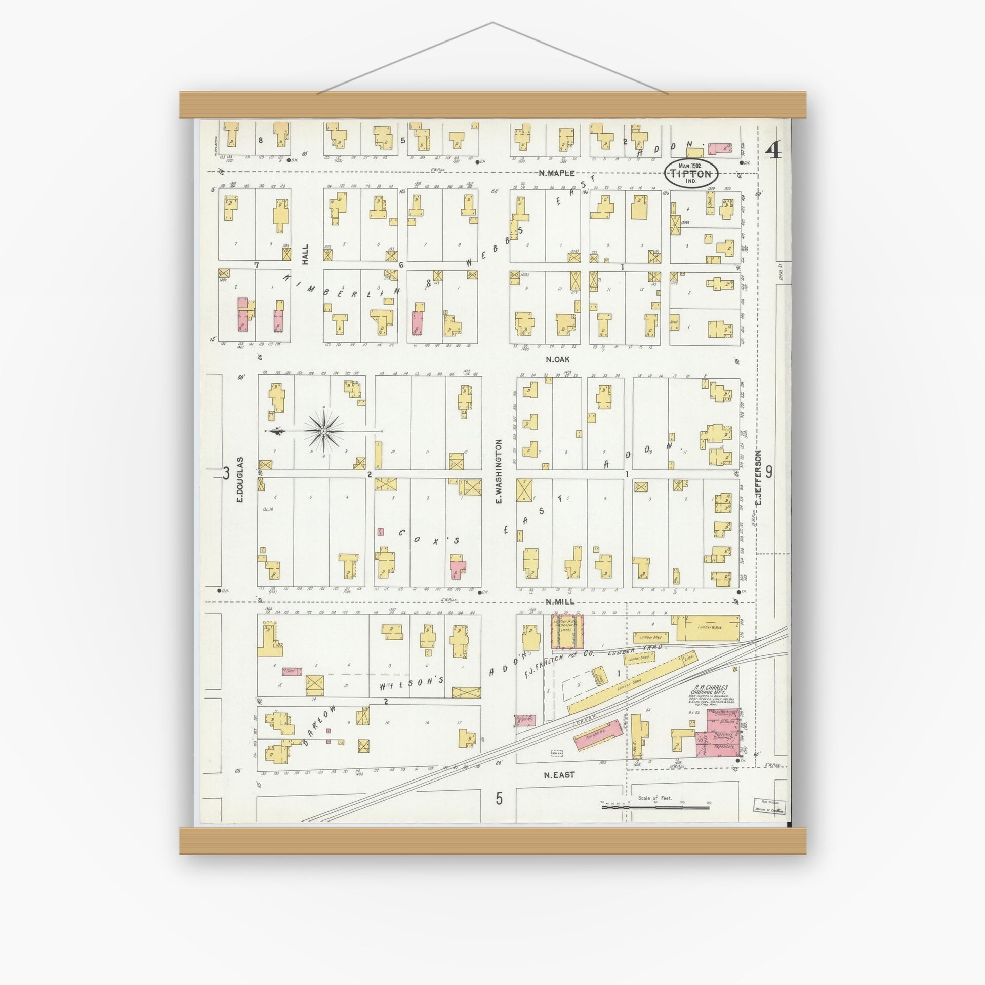 Old map wall art mockup — magnetic wood frame on white wall — Sanborn Fire Insurance Map from Tipton, Tipton County, Indiana (1902), Sheet #0004