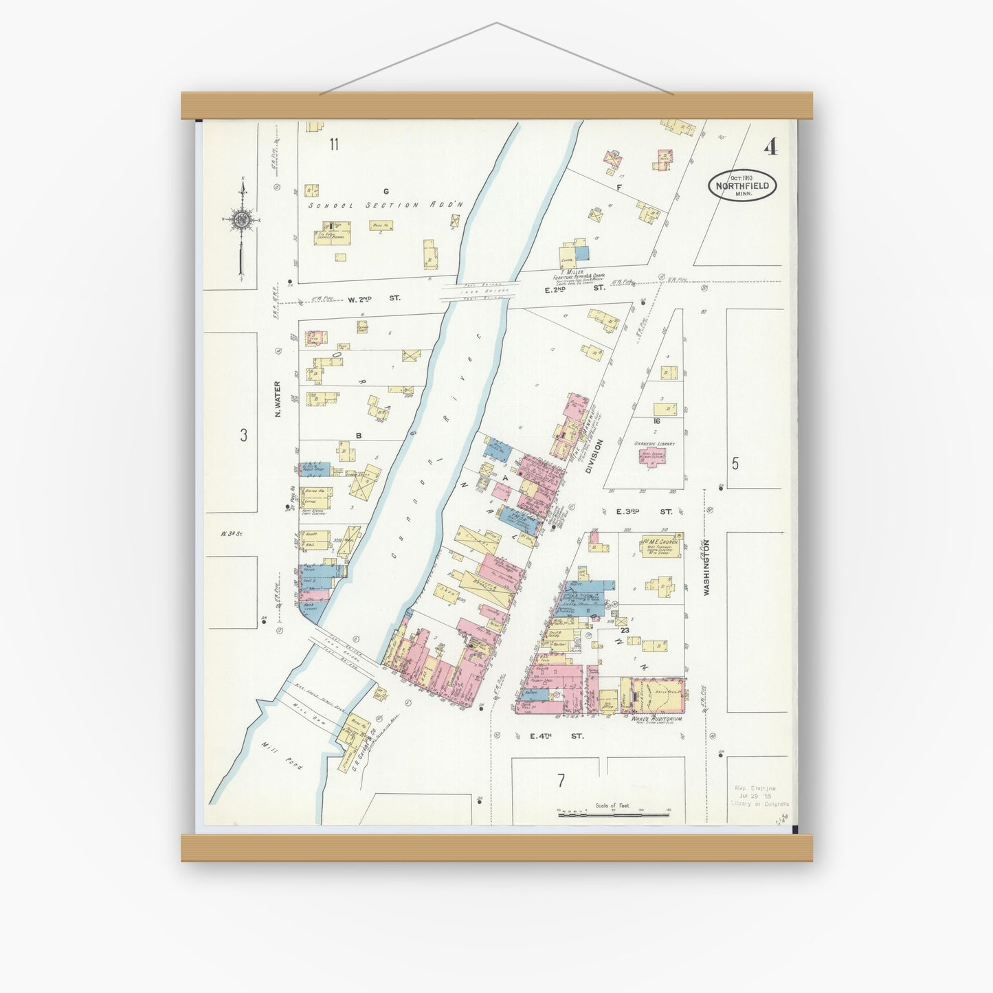 Old map wall art mockup — magnetic wood frame on white wall — Sanborn Fire Insurance Map from Northfield, Rice County, Minnesota (1910), Sheet #0004