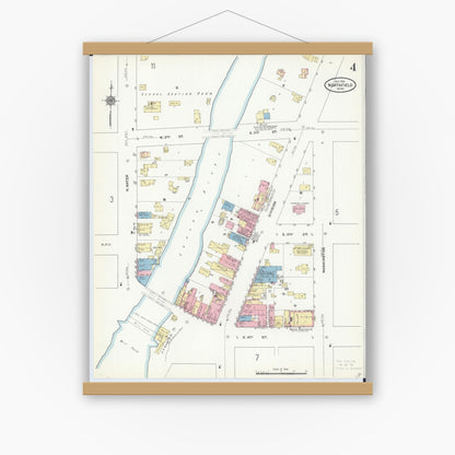 Old map wall art mockup — magnetic wood frame on white wall — Sanborn Fire Insurance Map from Northfield, Rice County, Minnesota (1910), Sheet #0004