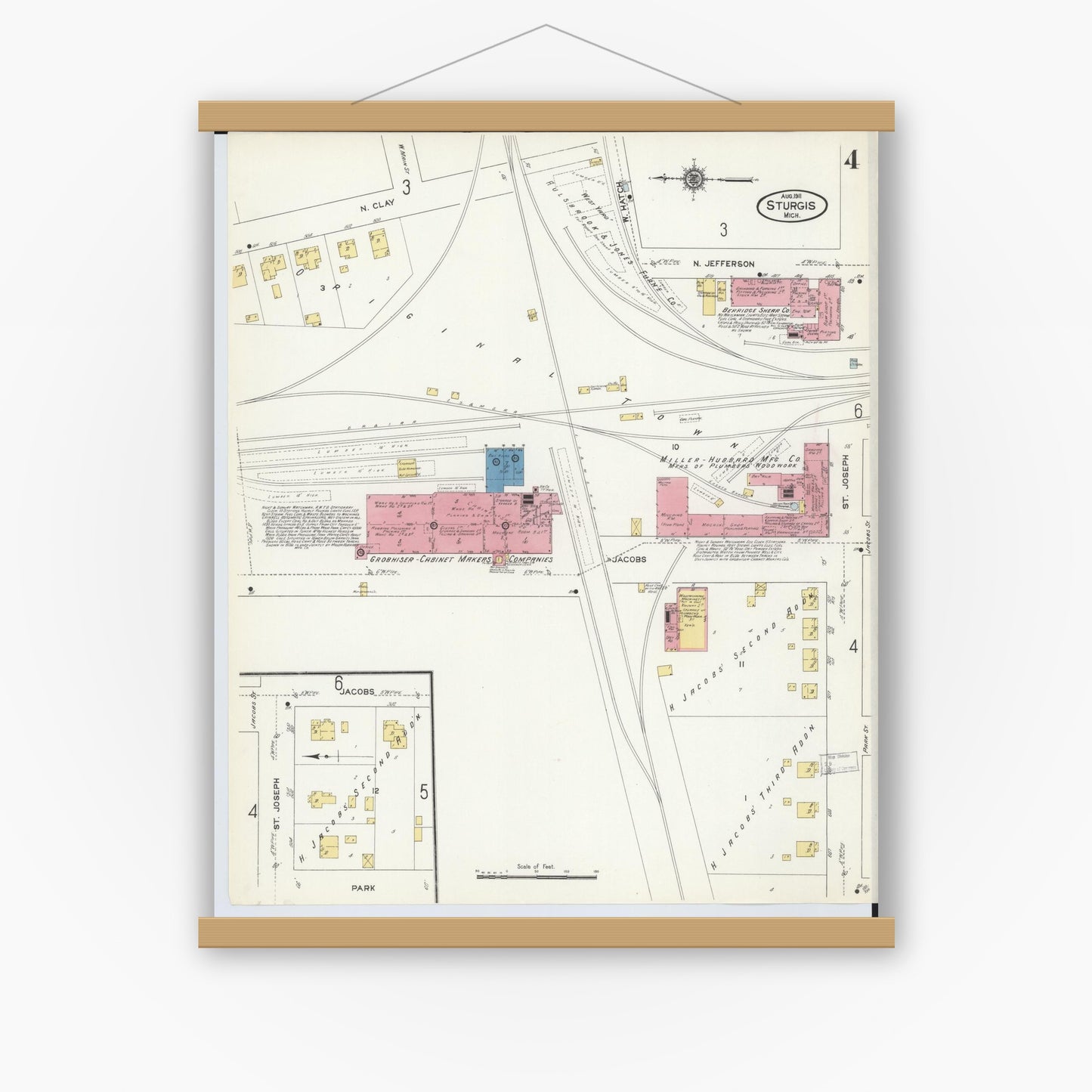 Old map wall art mockup — magnetic wood frame on white wall — Sanborn Fire Insurance Map from Sturgis, Saint Joseph County, Michigan (1911), Sheet #0004