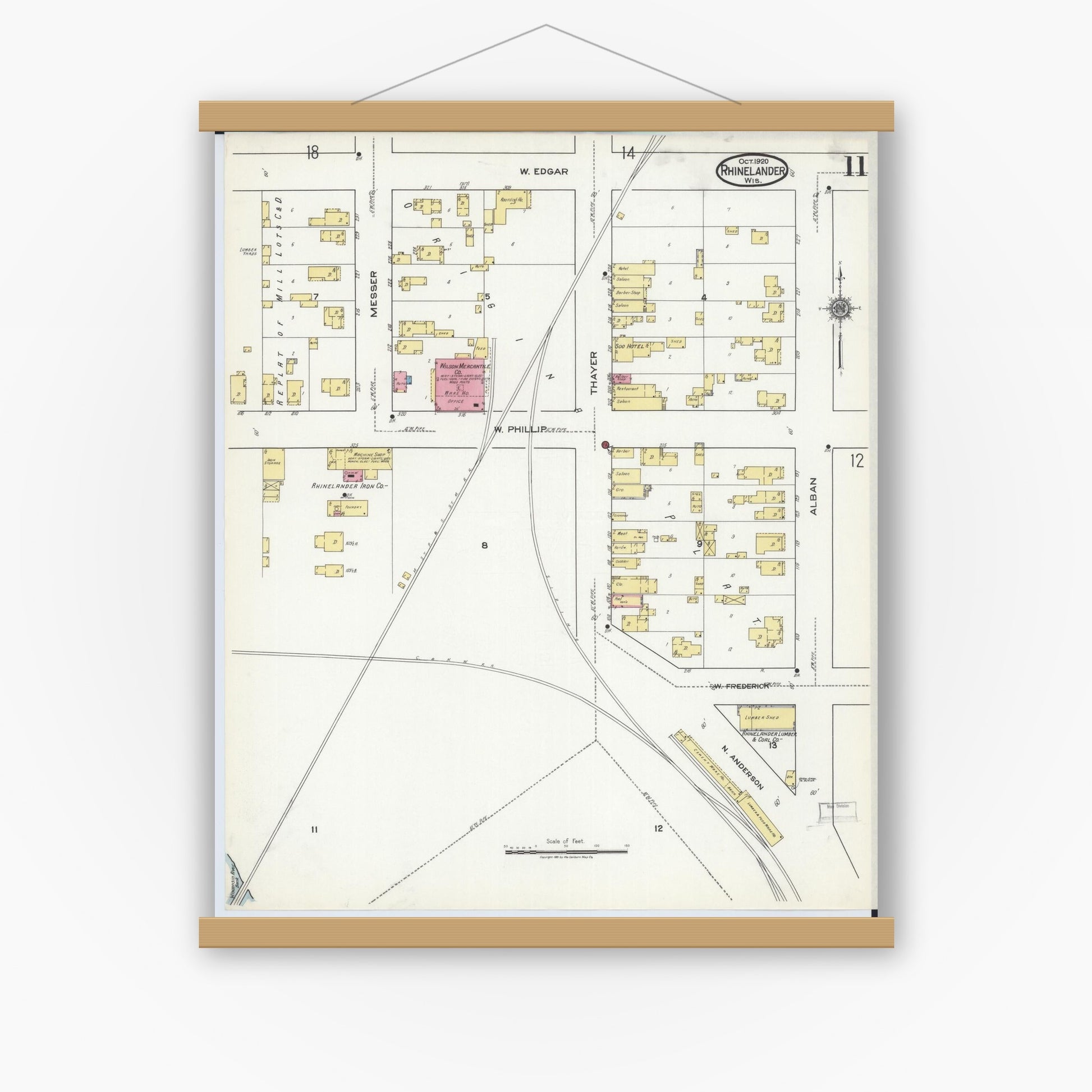 Old map wall art mockup — magnetic wood frame on white wall — Sanborn Fire Insurance Map from Rhinelander, Oneida County, Wisconsin (1920), Sheet #0011