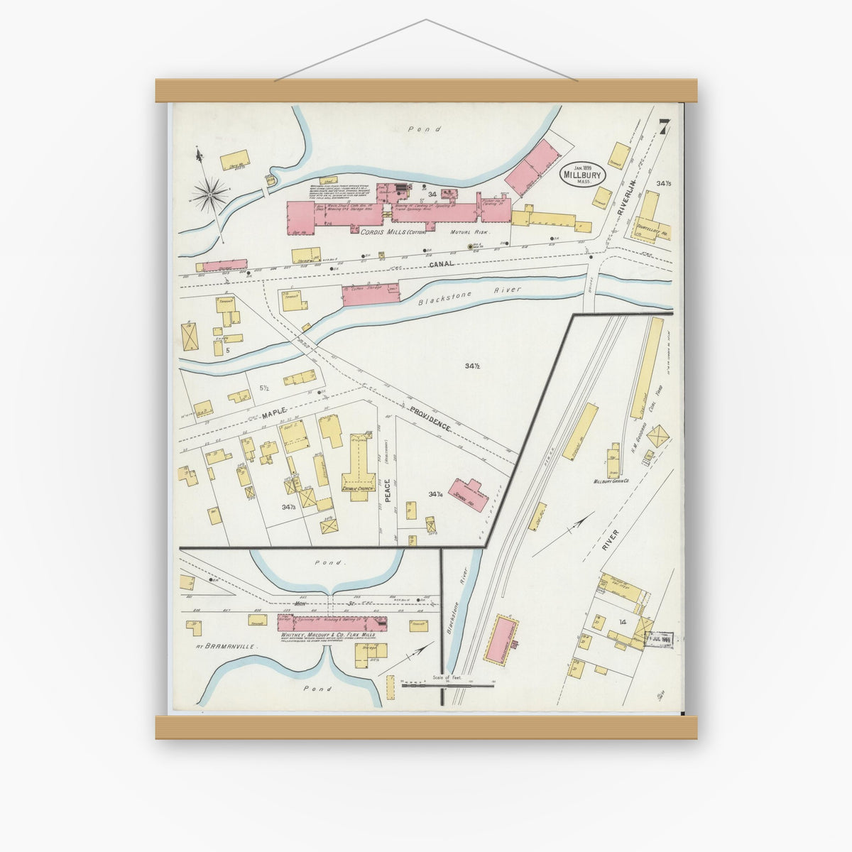 Old map wall art mockup — magnetic wood frame on white wall — Sanborn Fire Insurance Map from Millbury, Worcester County, Massachusetts (1899), Sheet #0007