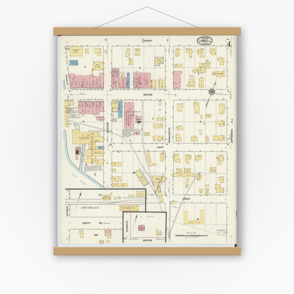 Old map wall art mockup — magnetic wood frame on white wall — Sanborn Fire Insurance Map from Lowell, Kent County, Michigan (1918), Sheet #0004