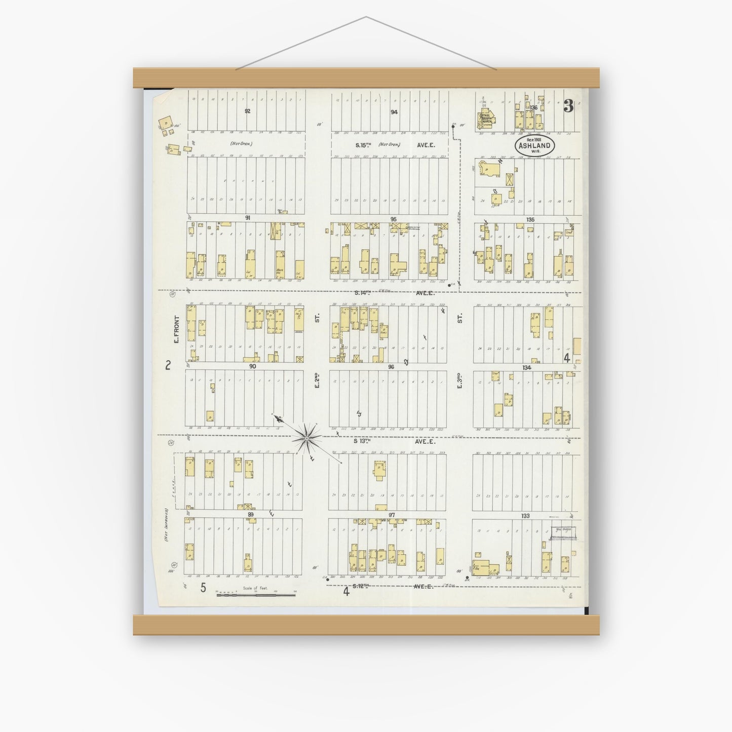 Old map wall art mockup — magnetic wood frame on white wall — Sanborn Fire Insurance Map from Ashland, Ashland County, Wisconsin (1901), Sheet #0003
