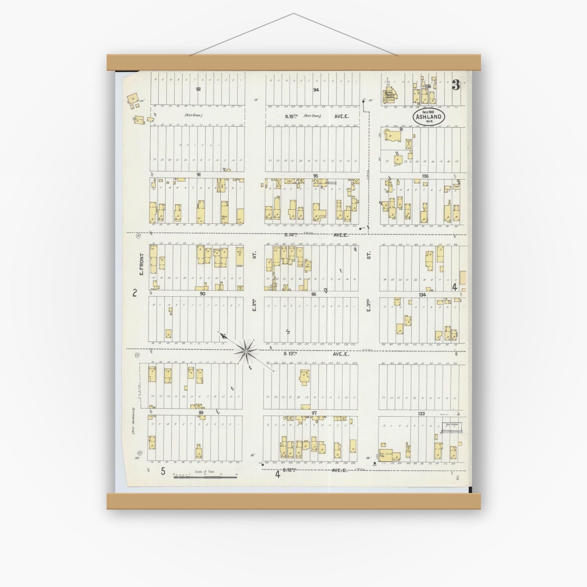 Old map wall art mockup — magnetic wood frame on white wall — Sanborn Fire Insurance Map from Ashland, Ashland County, Wisconsin (1901), Sheet #0003
