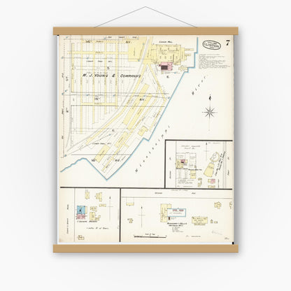Old map wall art mockup — magnetic wood frame on white wall — Sanborn Fire Insurance Map from Clinton, Clinton County, Iowa (1885), Sheet #0007
