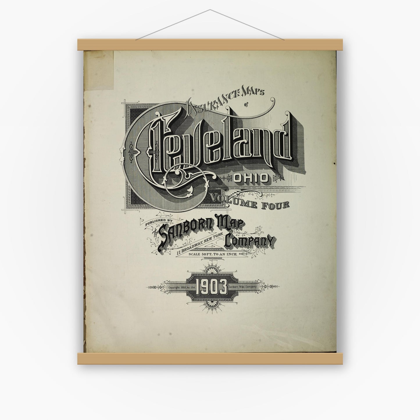 Old map wall art mockup — magnetic wood frame on white wall — Sanborn Fire Insurance Map from Cleveland, Cuyahoga County, Ohio (1903), Sheet #0001