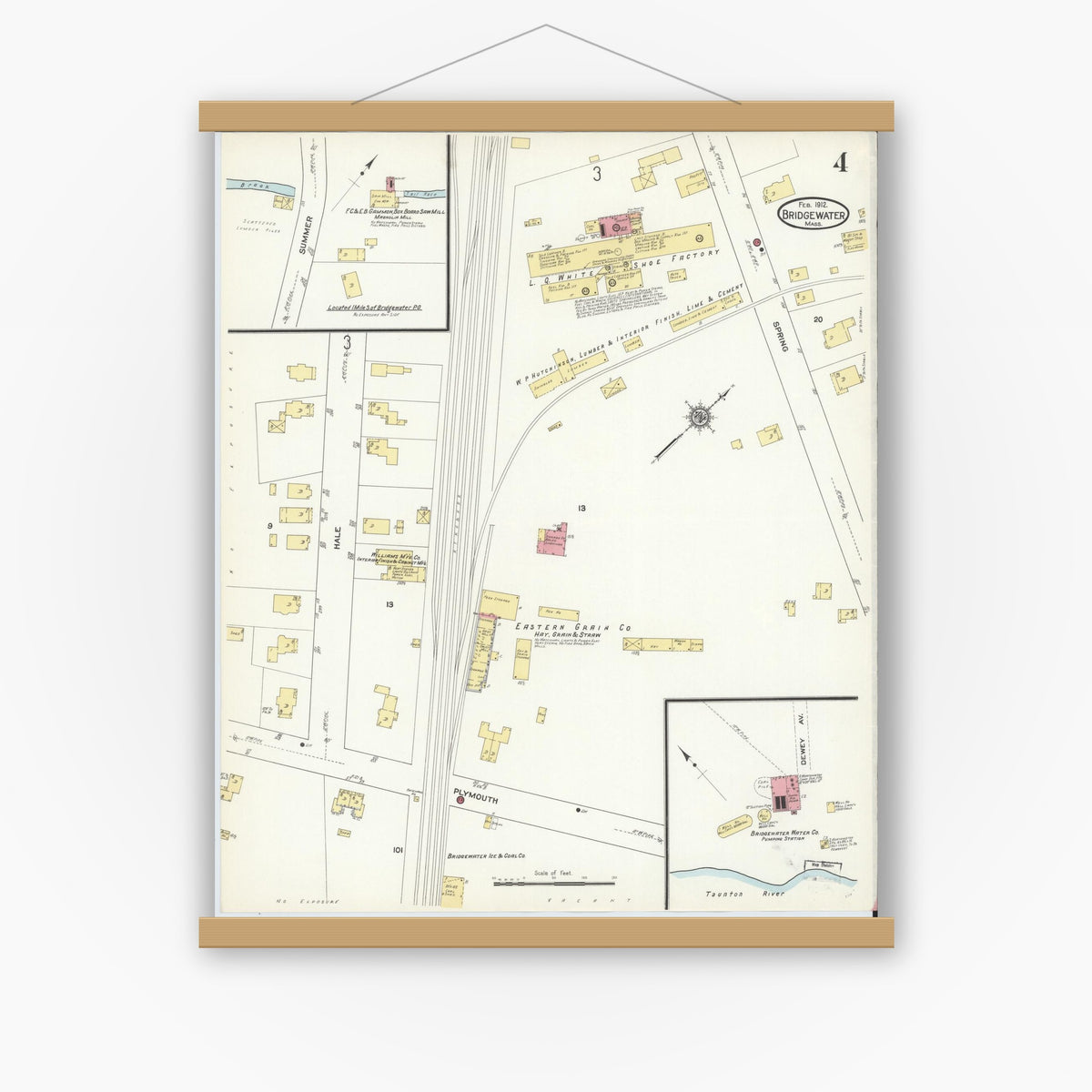 Old map wall art mockup — magnetic wood frame on white wall — Sanborn Fire Insurance Map from Bridgewater, Plymouth County, Massachusetts (1912), Sheet #0004