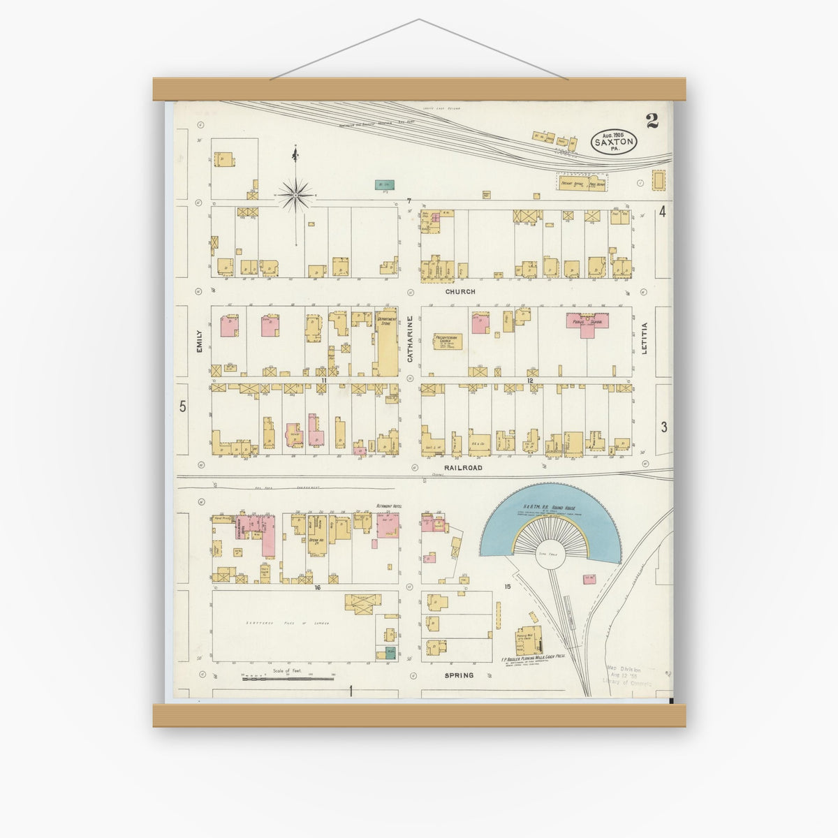 Old map wall art mockup — magnetic wood frame on white wall — Sanborn Fire Insurance Map from Saxton, Bedford County, Pennsylvania (1905), Sheet #0002