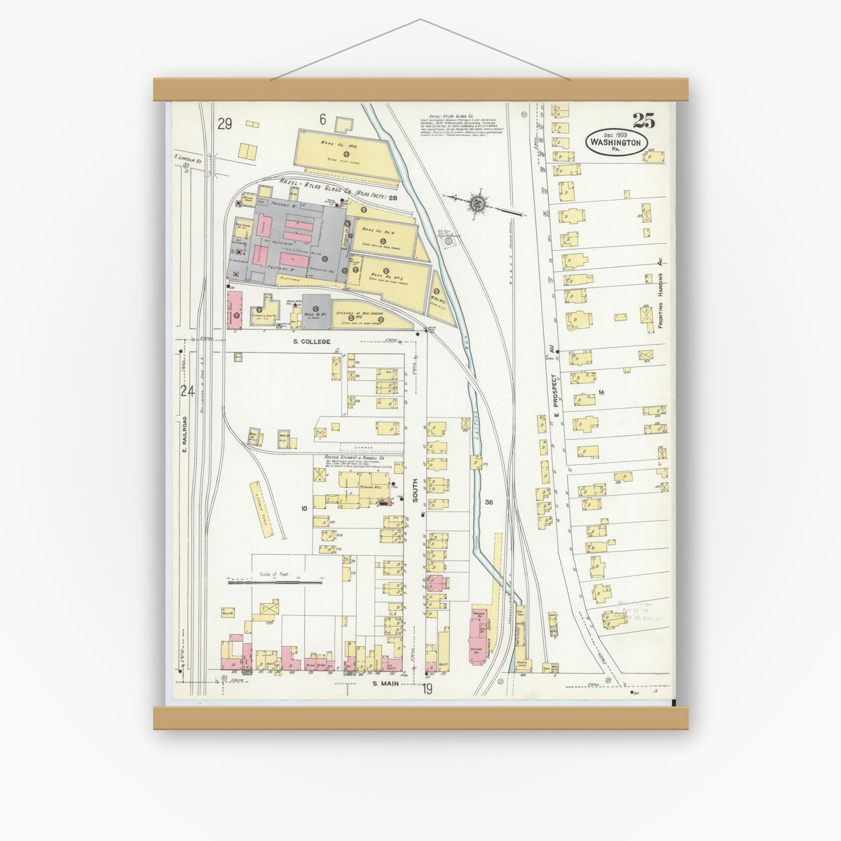 Old map wall art mockup — magnetic wood frame on white wall — Sanborn Fire Insurance Map from Washington, Washington County, Pennsylvania (1909), Sheet #0025