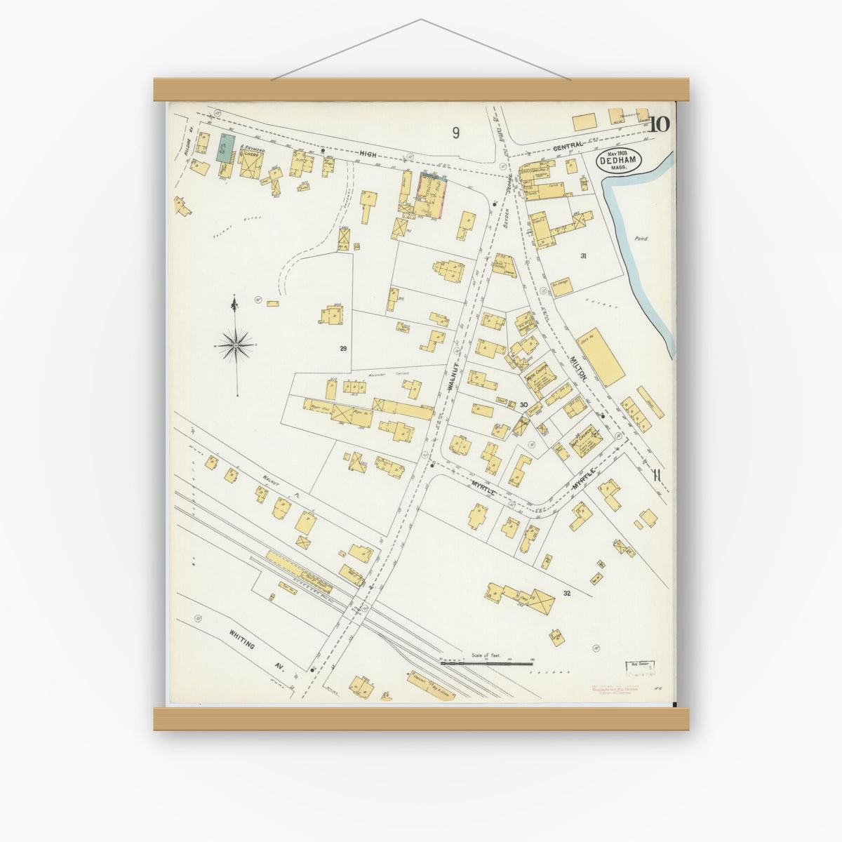 Old map wall art mockup — magnetic wood frame on white wall — Sanborn Fire Insurance Map from Dedham, Norfolk County, Massachusetts (1903), Sheet #0010