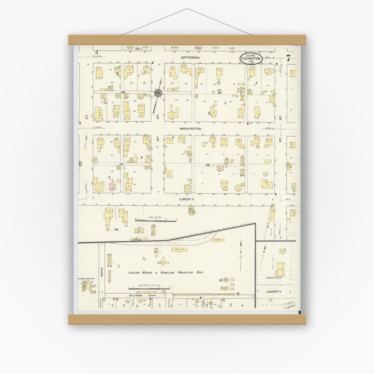 Old map wall art mockup — magnetic wood frame on white wall — Sanborn Fire Insurance Map from Covington, Fountain County, Indiana (1910), Sheet #0007