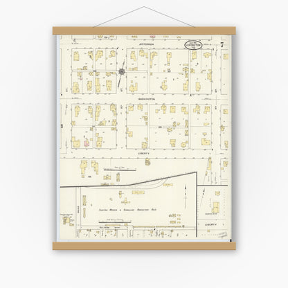 Old map wall art mockup — magnetic wood frame on white wall — Sanborn Fire Insurance Map from Covington, Fountain County, Indiana (1910), Sheet #0007