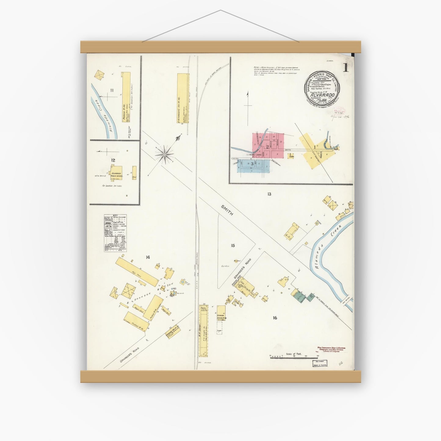 Old map wall art mockup — magnetic wood frame on white wall — Sanborn Fire Insurance Map from Alvarado, Alameda County, California (1896), Sheet #0001