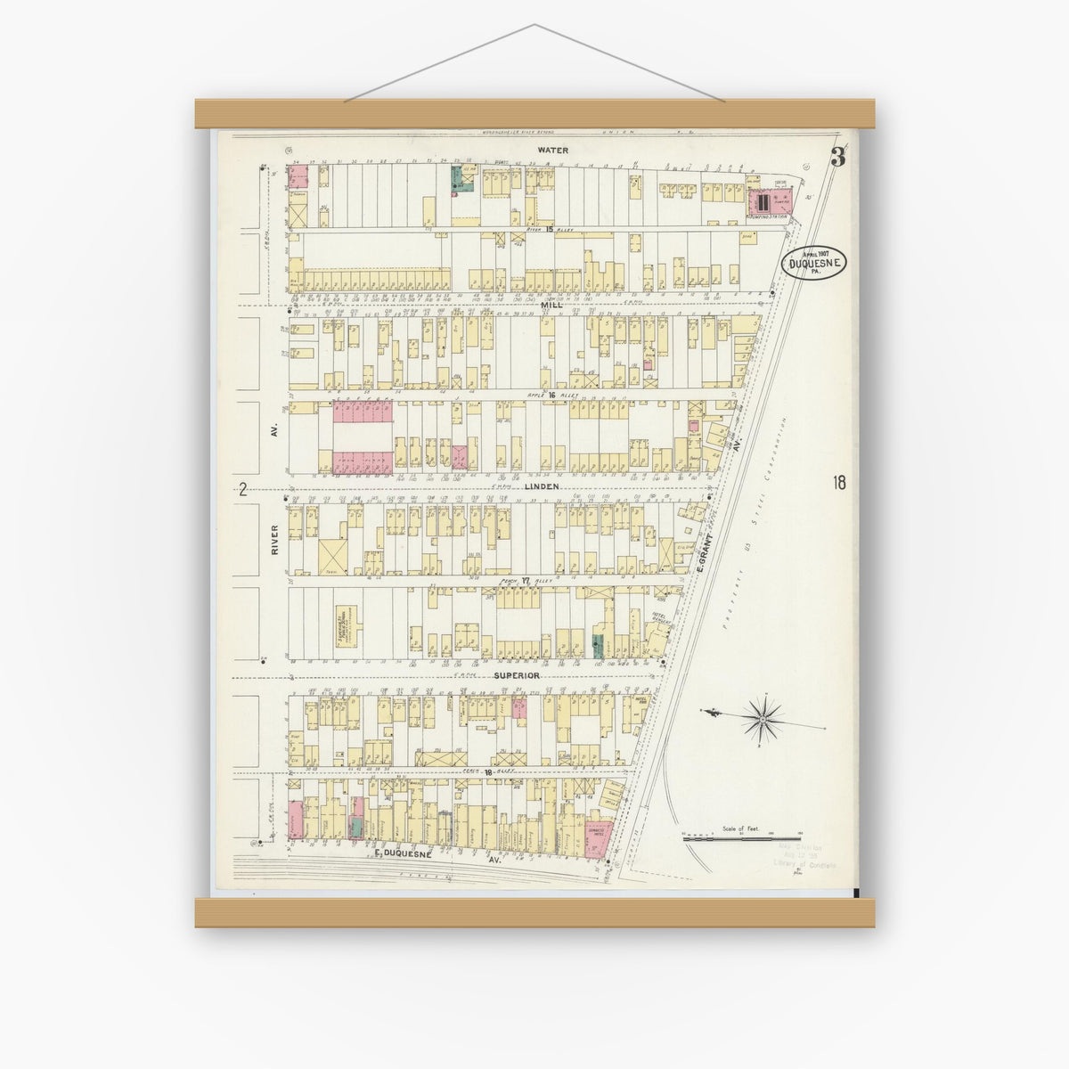 Old map wall art mockup — magnetic wood frame on white wall — Sanborn Fire Insurance Map from Duquesne, Allegheny County, Pennsylvania (1907), Sheet #0003