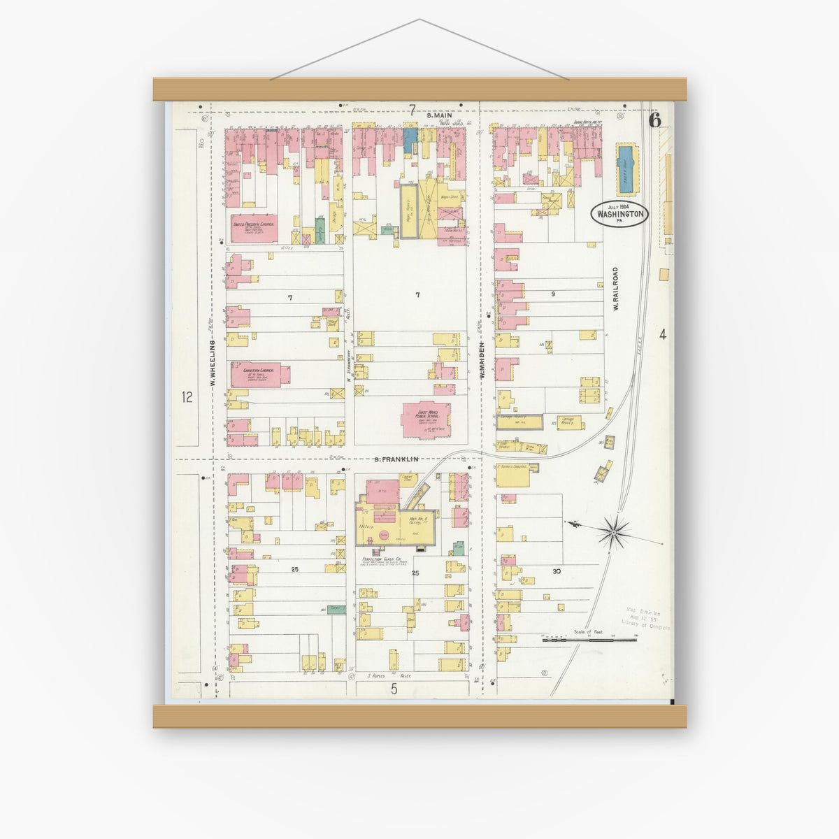 Old map wall art mockup — magnetic wood frame on white wall — Sanborn Fire Insurance Map from Washington, Washington County, Pennsylvania (1904), Sheet #0006