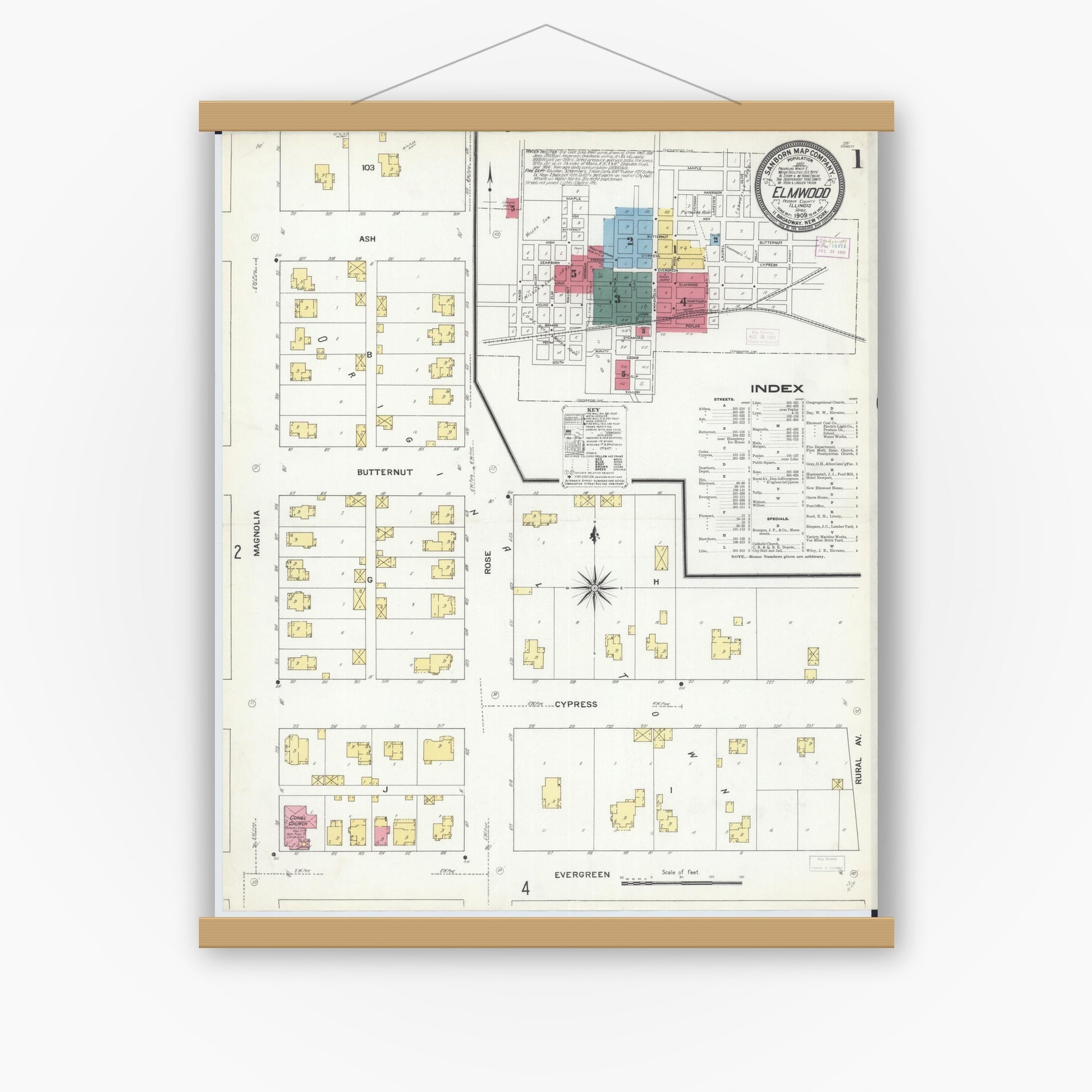 Old map wall art mockup — magnetic wood frame on white wall — Sanborn Fire Insurance Map from Elmwood, Peoria County, Illinois (1909), Sheet #0001