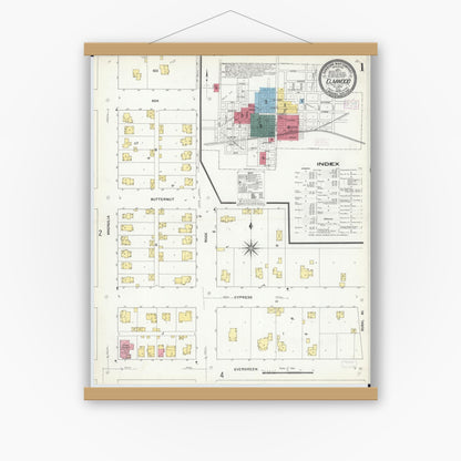 Old map wall art mockup — magnetic wood frame on white wall — Sanborn Fire Insurance Map from Elmwood, Peoria County, Illinois (1909), Sheet #0001