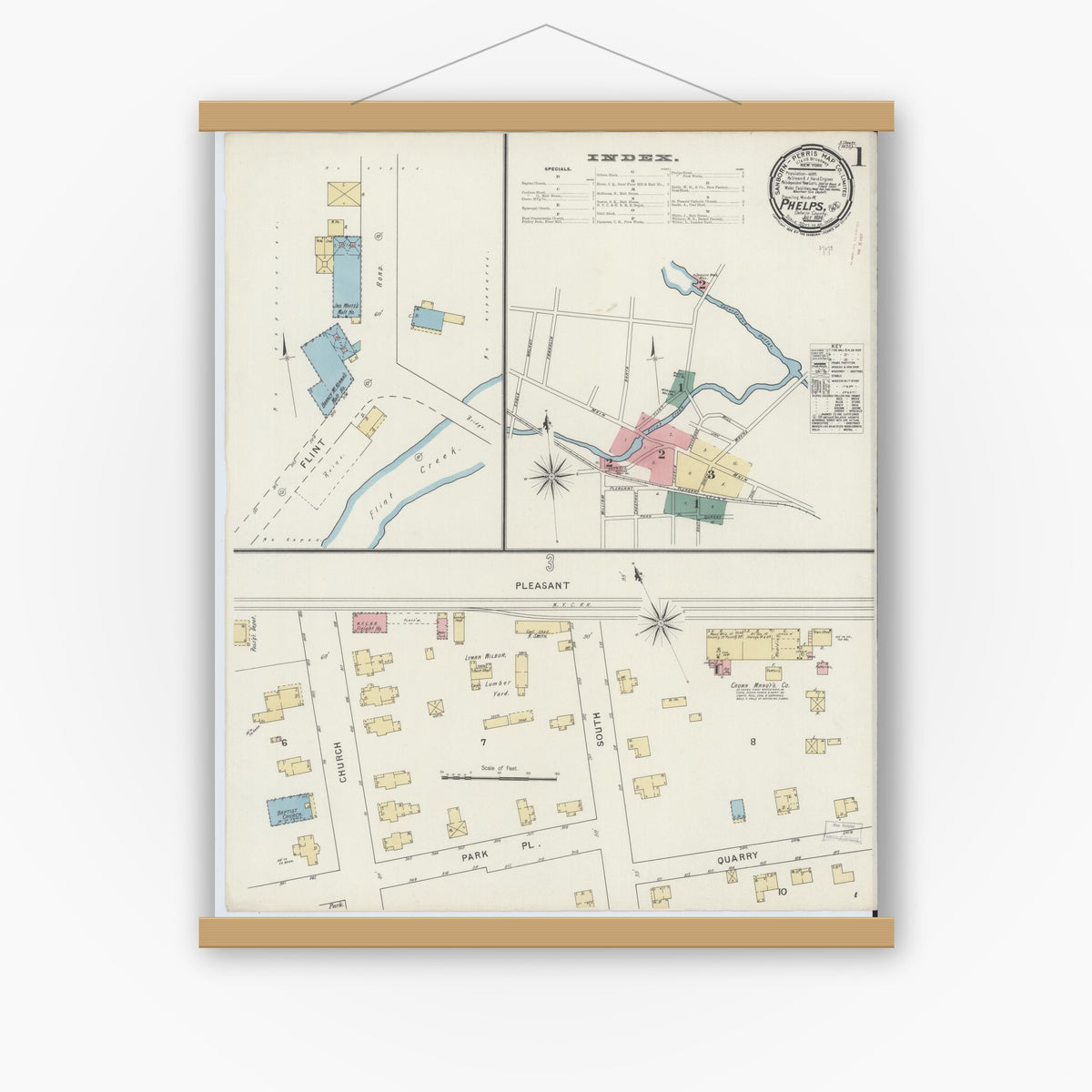 Old map wall art mockup — magnetic wood frame on white wall — Sanborn Fire Insurance Map from Phelps, Ontario County, New York (1894) - Complete Map Set