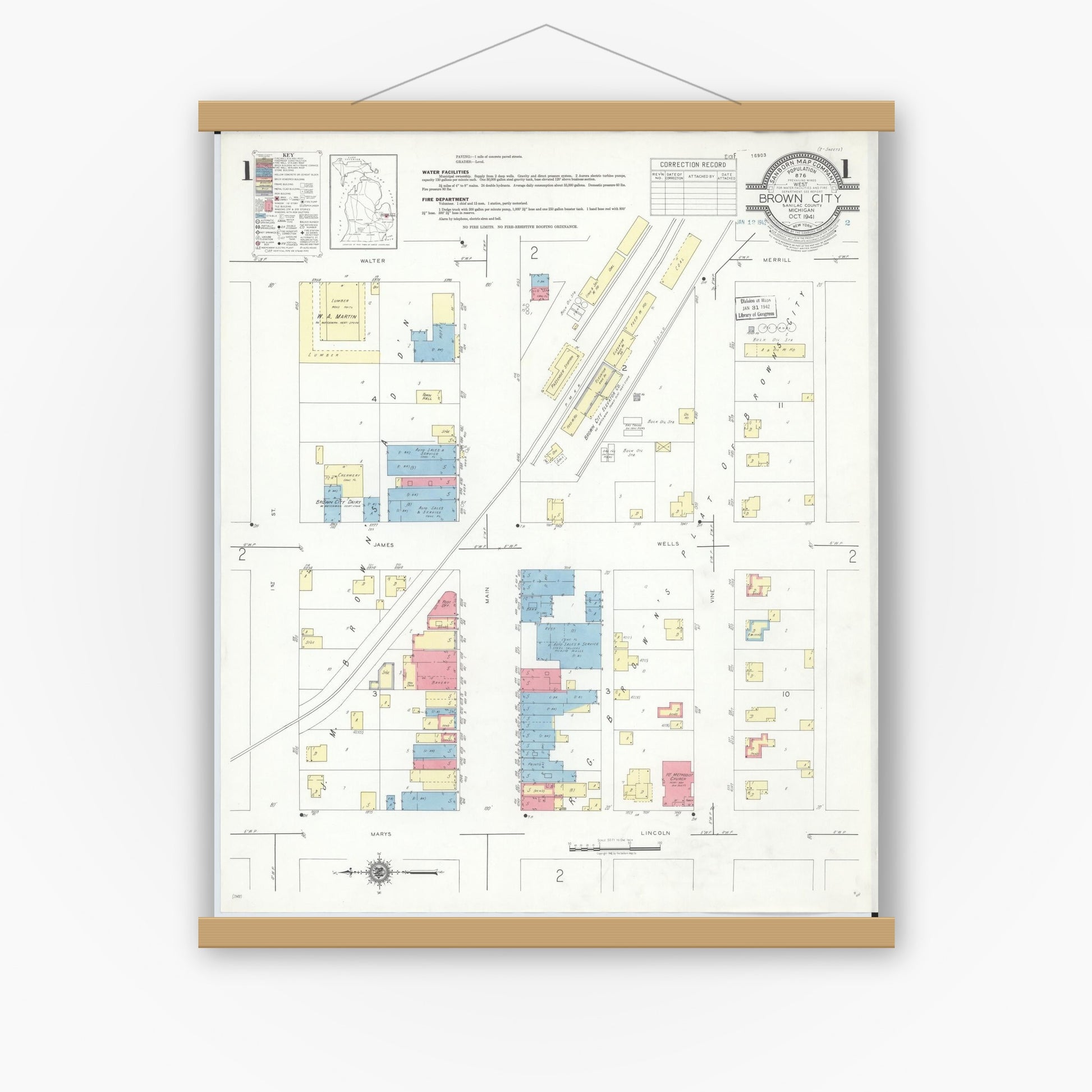 Old map wall art mockup — magnetic wood frame on white wall — Sanborn Fire Insurance Map from Brown City, Sanilac County, Michigan (1941) - Complete Map Set