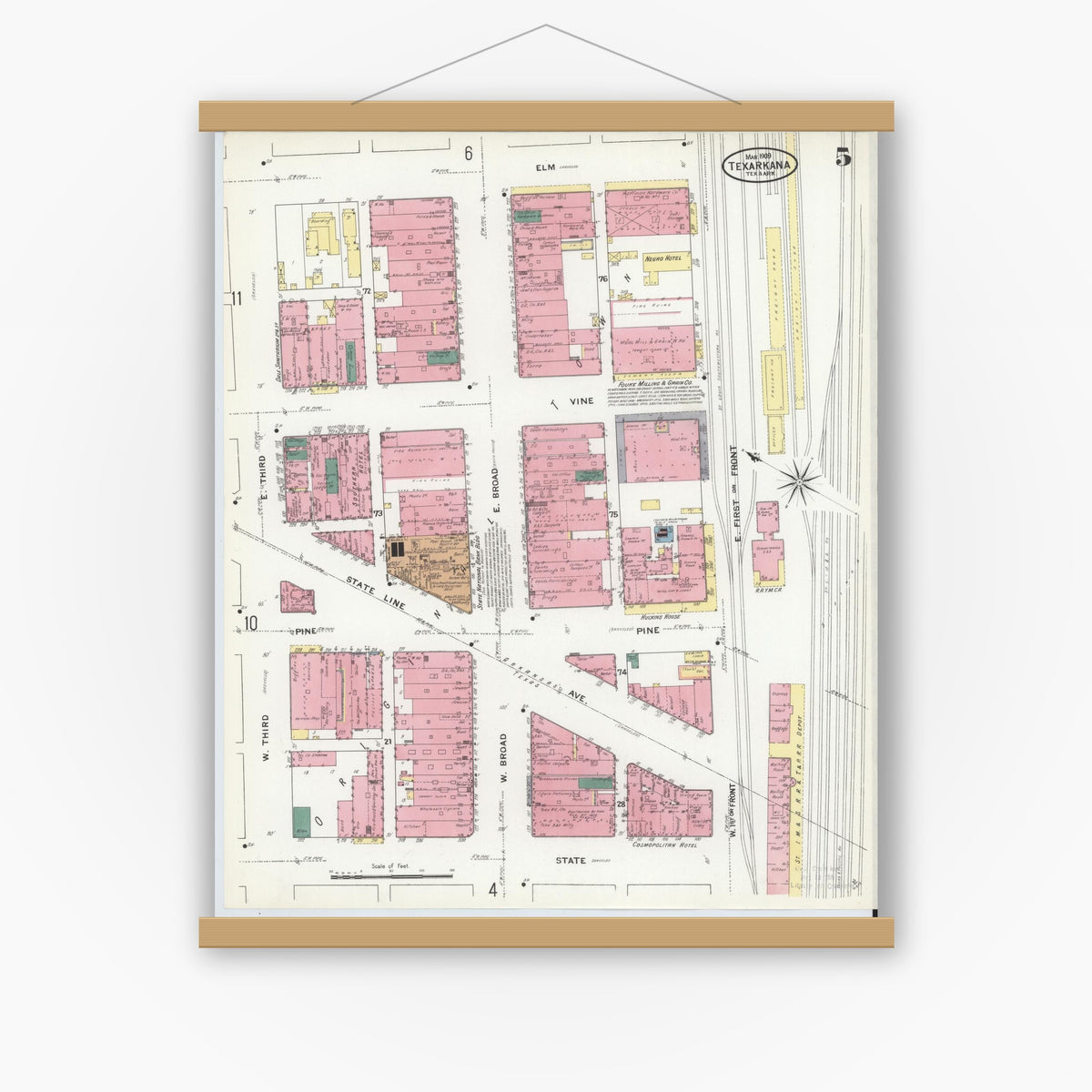 Old map wall art mockup — magnetic wood frame on white wall — Sanborn Fire Insurance Map from Texarkana, Bowie County, Texas (1909), Sheet #0005